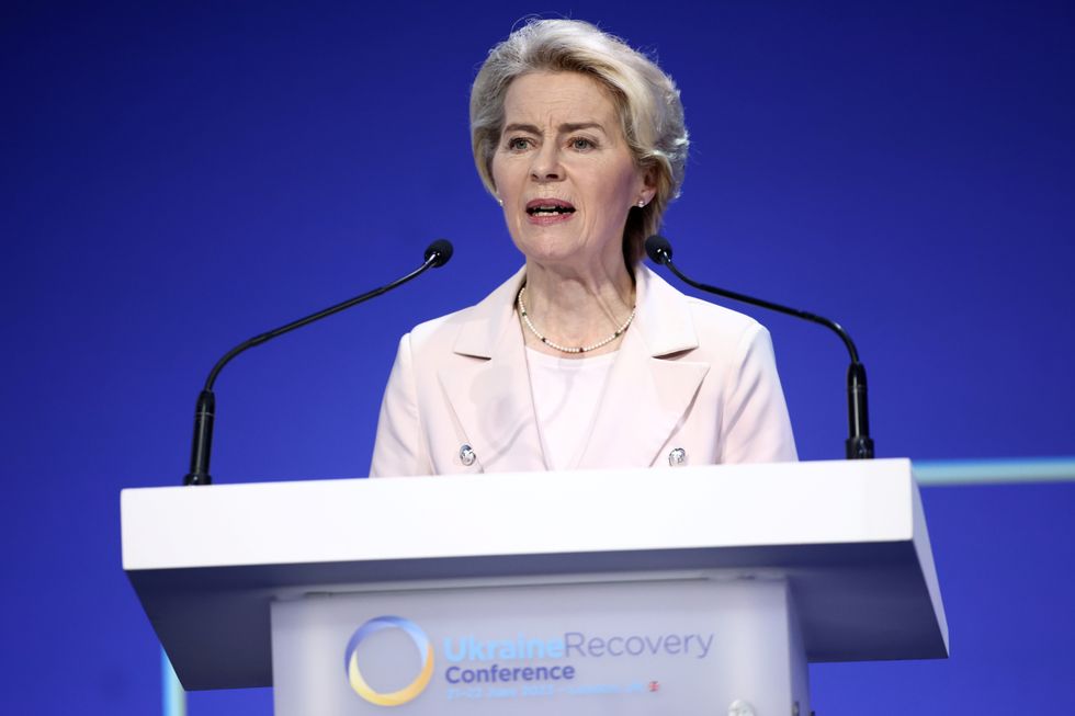Ursula von der Leyen, President of the European Commission, delivers a speech at the opening session on the first day of the Ukraine Recovery Conference