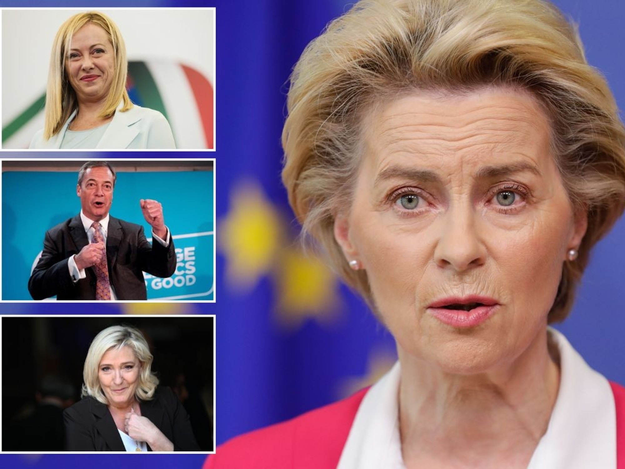 Ursula von der Leyen with insets of Marine Le Pen, Nigel