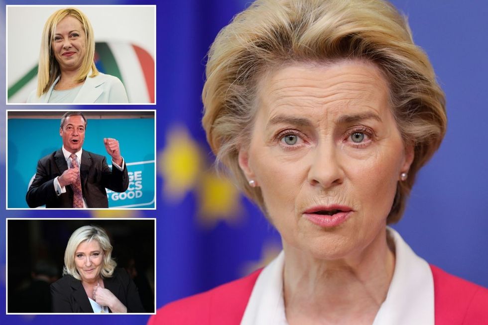 Ursula von der Leyen with insets of Marine Le Pen, Nigel