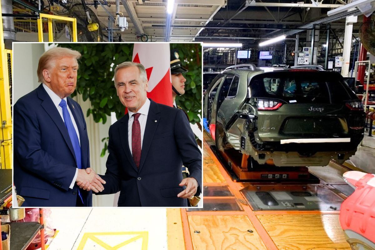 US President Donald Trump shaking hands with Canadian Prime Minister Mark Carney, and a Stellantis Jeep factory