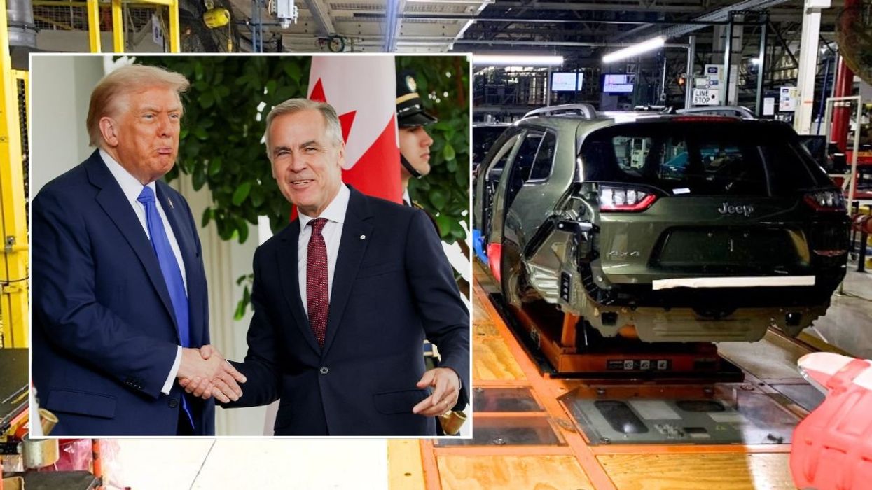 US President Donald Trump shaking hands with Canadian Prime Minister Mark Carney, and a Stellantis Jeep factory