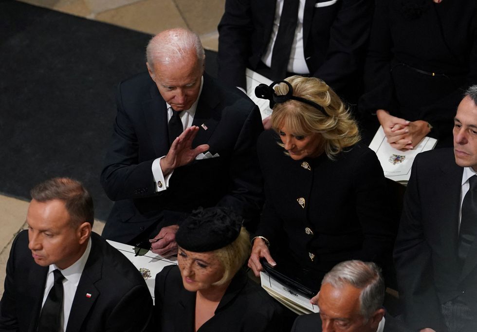 US President Joe Biden accompanied by the First Lady Jill Biden arriving for the State Funeral of Queen Elizabeth II, held at Westminster Abbey, London. Picture date: Monday September 19, 2022. Gareth Fuller/Pool via REUTERS