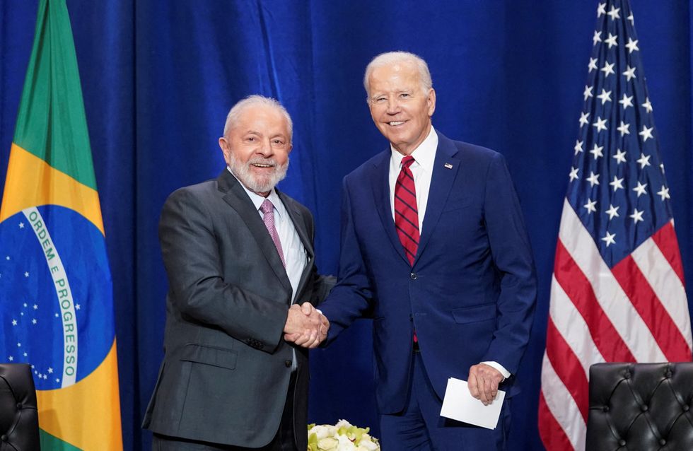 US President Joe Biden greets Brazilian President Luiz Inacio Lula da Silva during a meeting on the sidelines of the 78th U.N. General Assembly in New York City