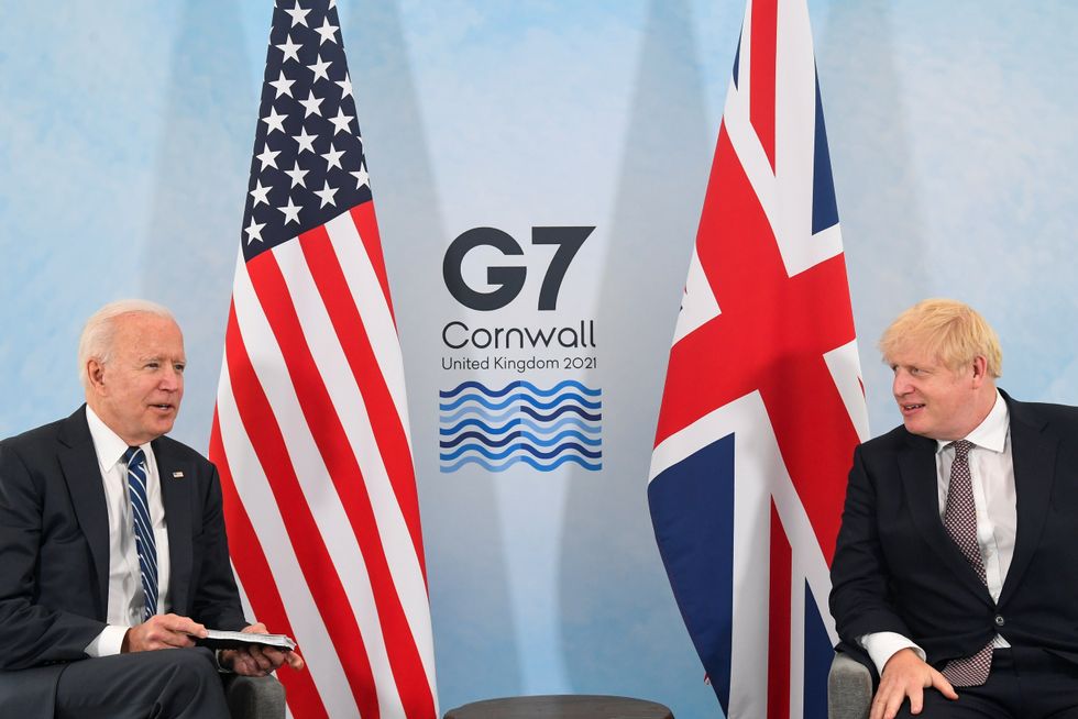US President Joe Biden talks with Prime Minister Boris Johnson, during their meeting , ahead of the G7 summit in Cornwall.
