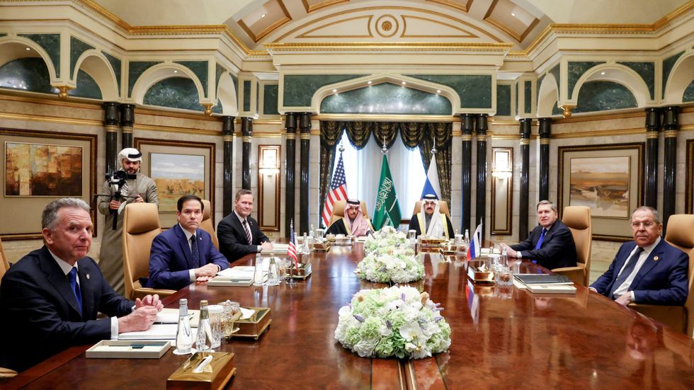 US Secretary of State Marco Rubio meets with Saudi Foreign Minister Prince Faisal bin Farhan Al Saud, Saudi National Security Advisor Mosaad bin Mohammad Al-Aiban, U.S. National Security Advisor Mike Waltz, U.S. Middle East envoy Steve Witkoff, Russian Foreign Minister Sergei Lavrov and Russian President Vladimir Putin's foreign policy advisor Yuri Ushakov
