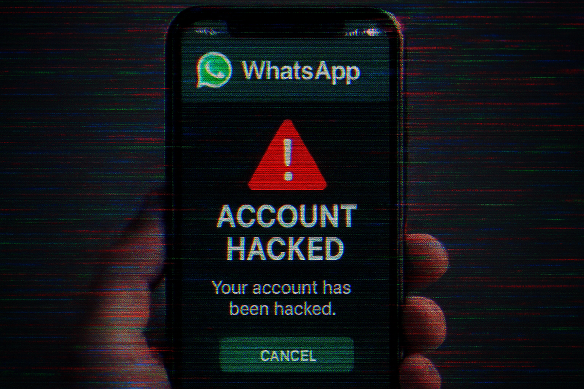 User holding phone with a notification that their WhatsApp account has been hacked