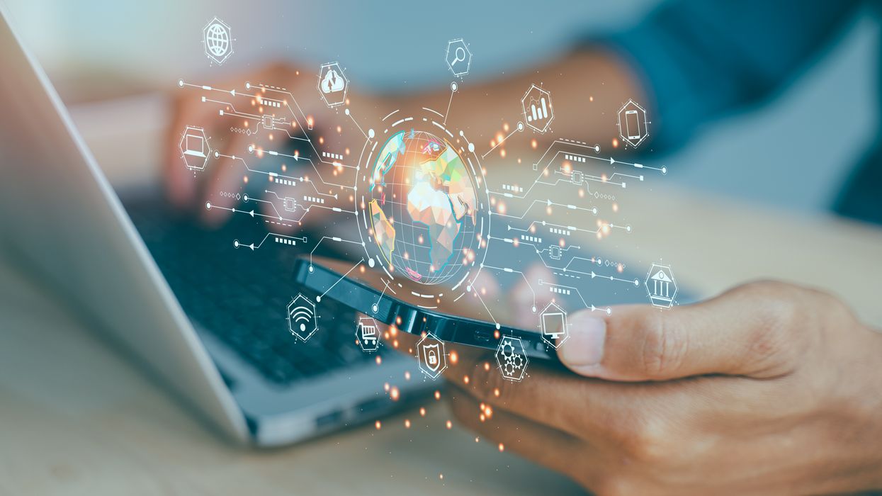 User holding phone with connection illustration displayed around it