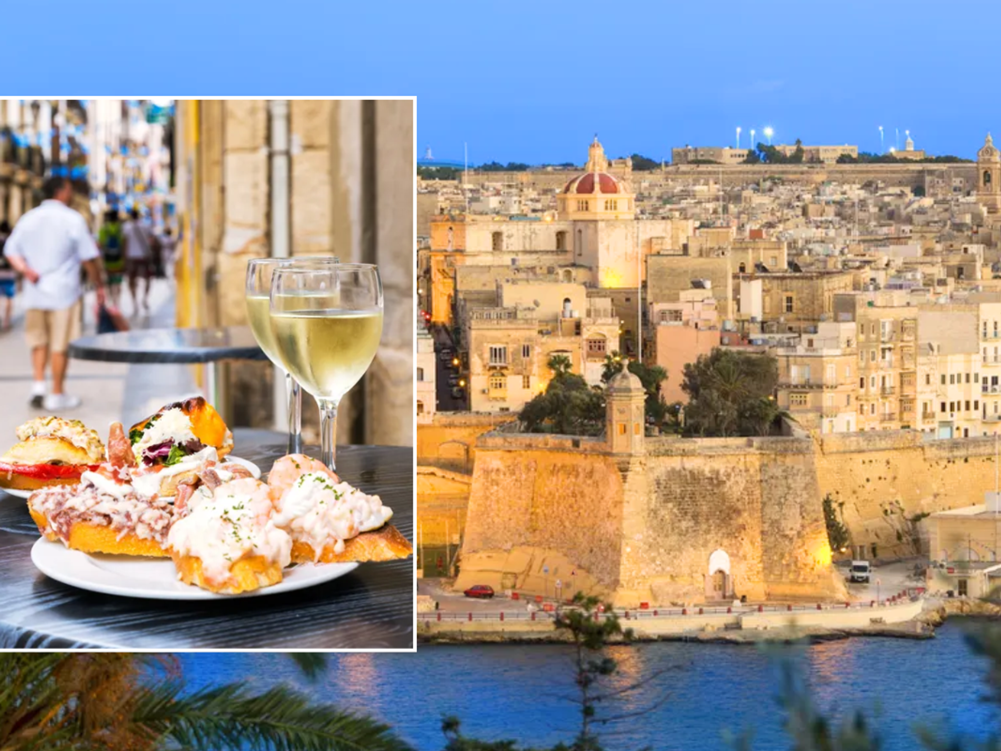 Valletta, Malta / food and white wine on table outside