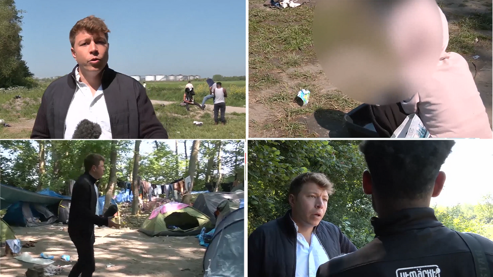 Various images of Patrick Christys visiting a migrant camp in a forest