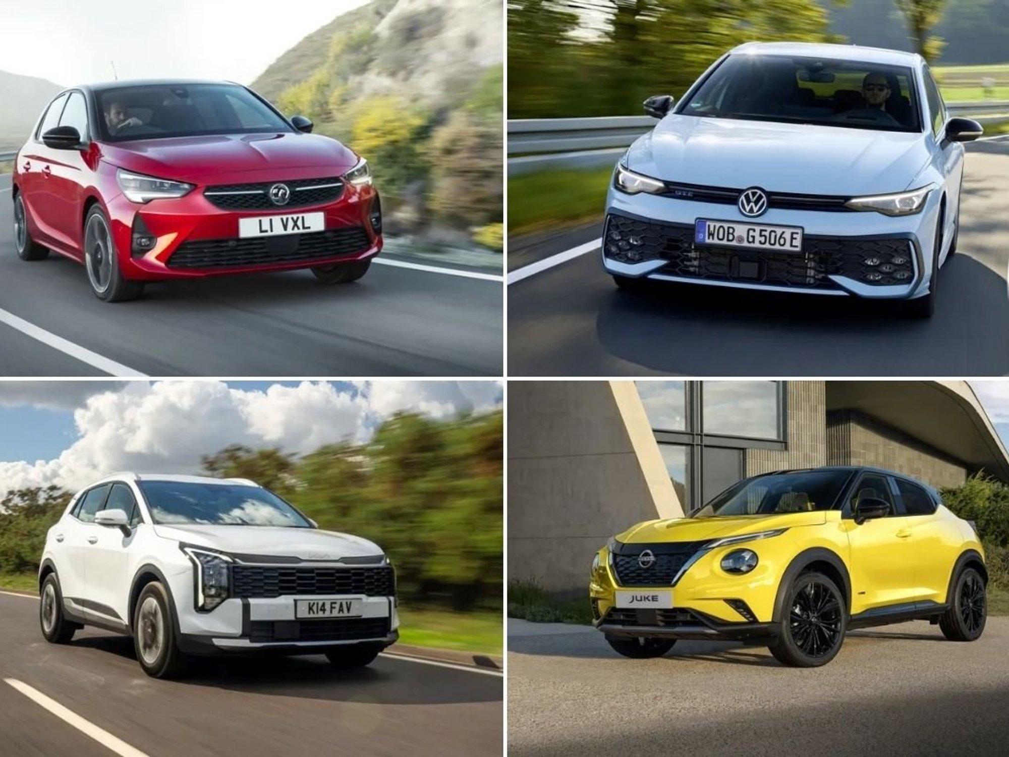 Vauxhall Corsa, Volkswagen Golf, Nissan Juke and the Kia Sportage