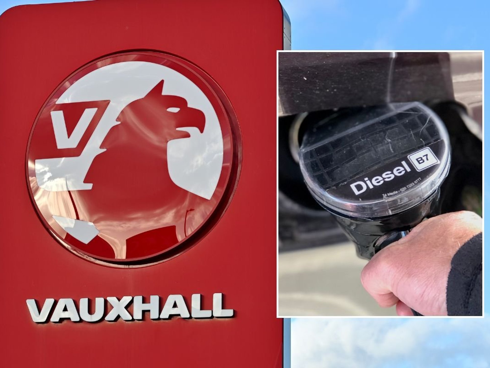 Vauxhall logo and a diesel pump