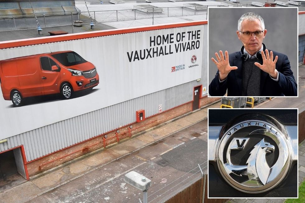 Vauxhall's factory in Luton, Stellantis CEO Carlos Tavares and a Vauxhall logo