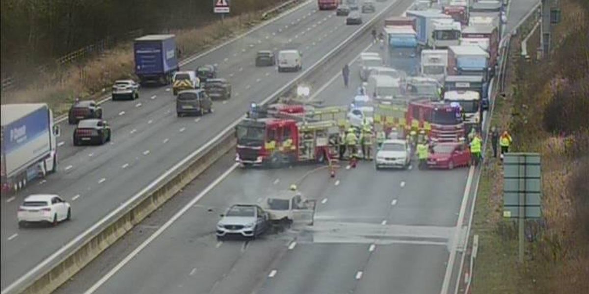 Multi-vehicle crash and serious car fire closes motorway as emergency services rush to scene Multi-vehicle crash and serious car fire closes motorway as emergency services rush to scene
