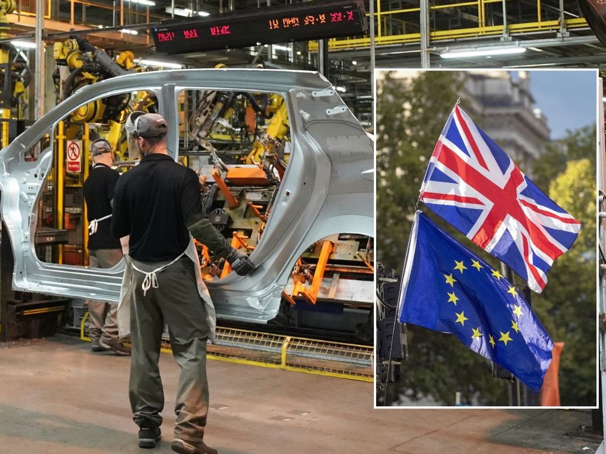 Vehicle production at the Nissan factory in Sunderland and a UK and EU flag