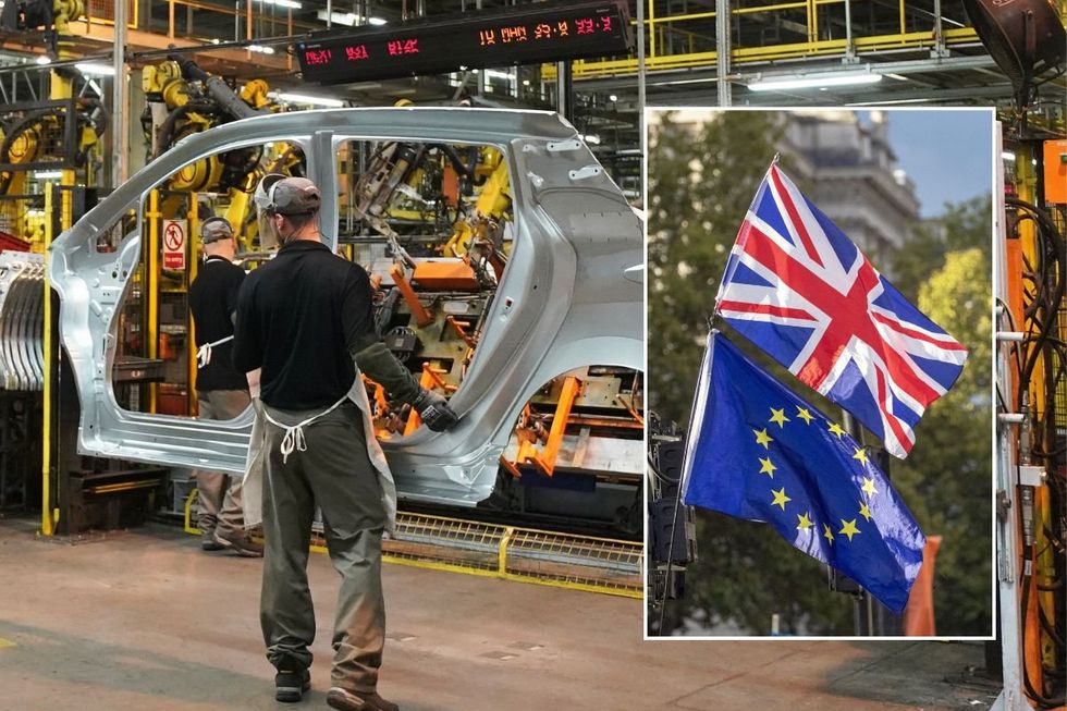 Vehicle production at the Nissan factory in Sunderland and a UK and EU flag