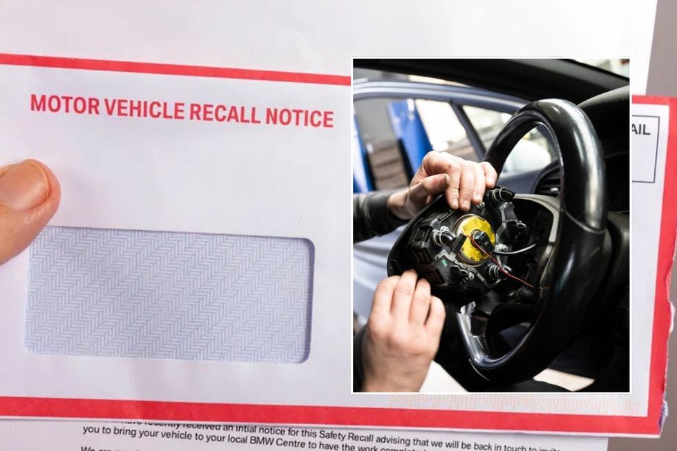 Vehicle recall notice and a Takata airbag being recalled