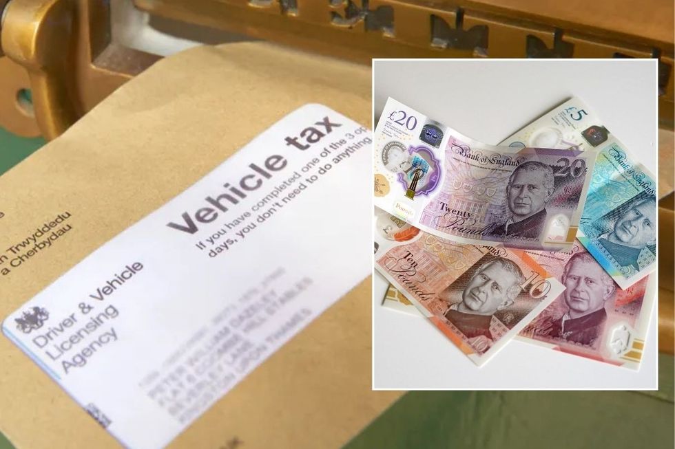 Vehicle tax letter and a pile of UK cash