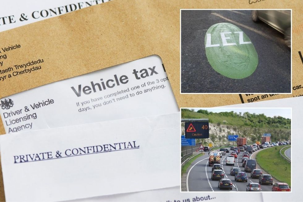 Vehicle tax reminder, a Low Emission Zone sign and busy traffic