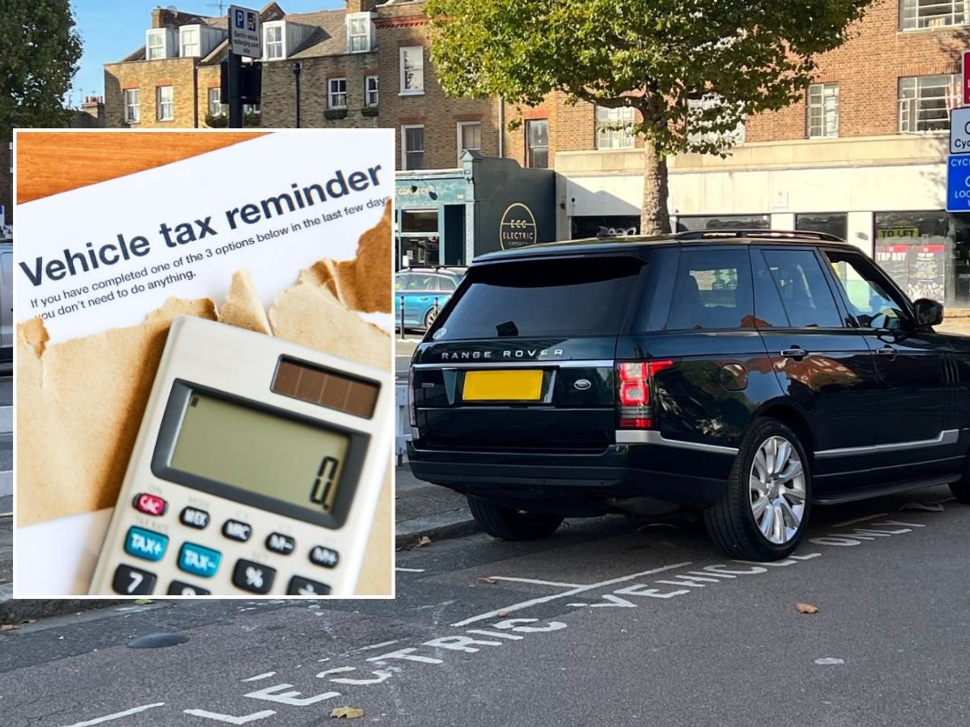 Vehicle tax reminder and a large SUV parked on a road