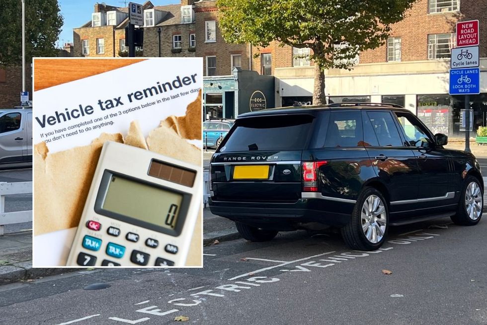 Vehicle tax reminder and a large SUV parked on a road