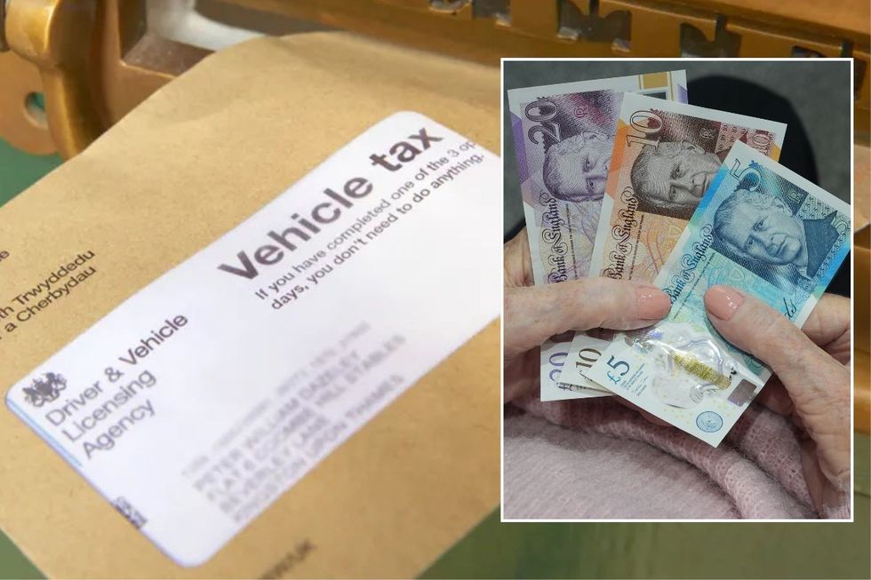 Vehicle tax reminder and hands holding UK cash