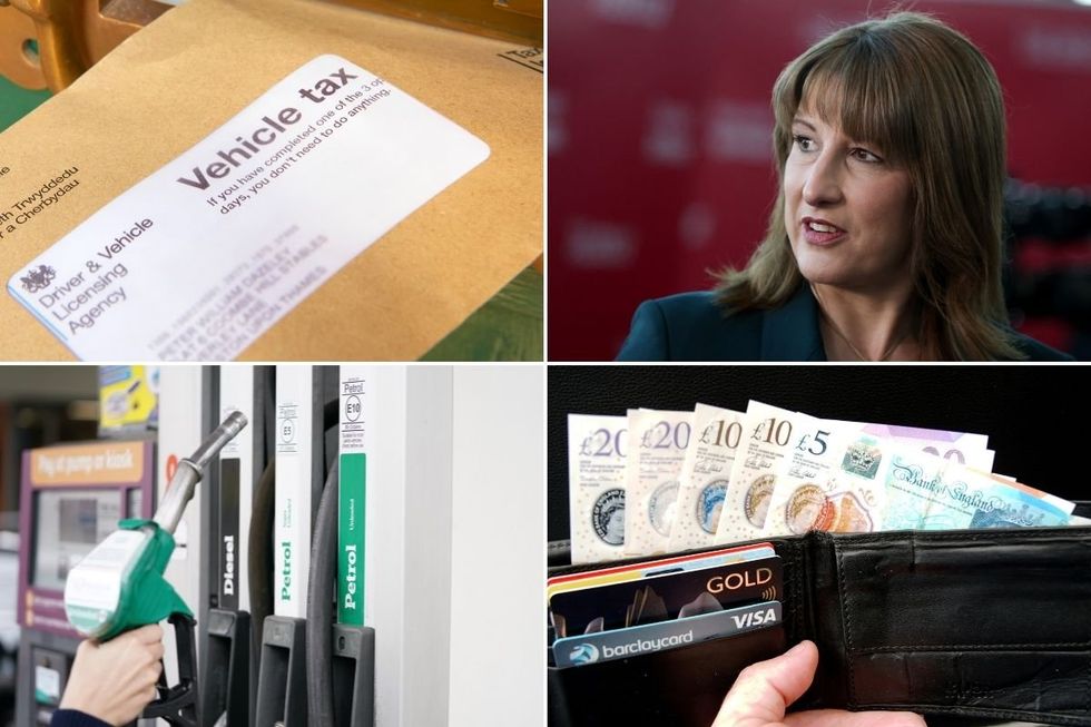 Vehicle tax reminder, Chancellor Rachel Reeves, a wallet full of cash and a petrol station