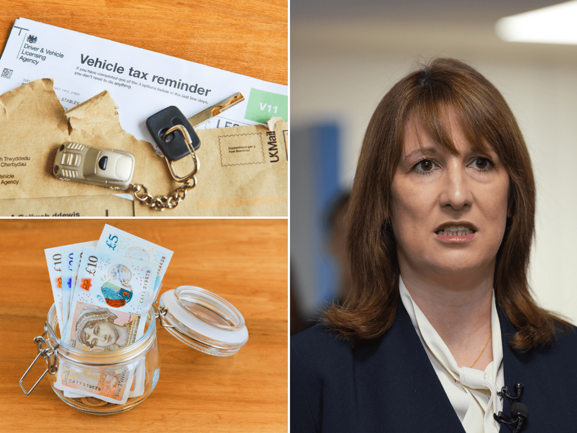 Vehicle tax reminder, Chancellor Rachel Reeves and a jar full of money