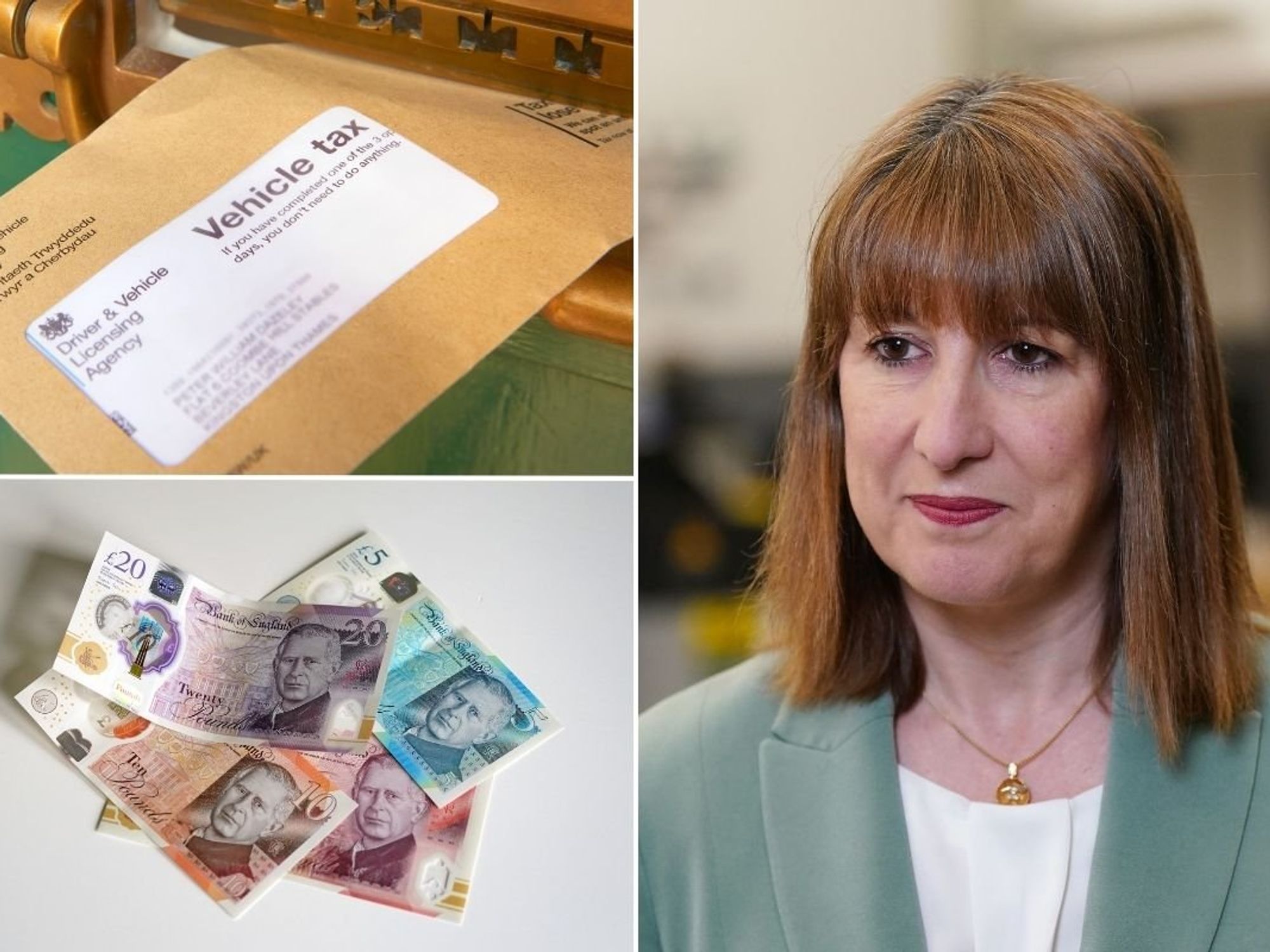 Vehicle tax reminder, Chancellor Rachel Reeves and a pile of money