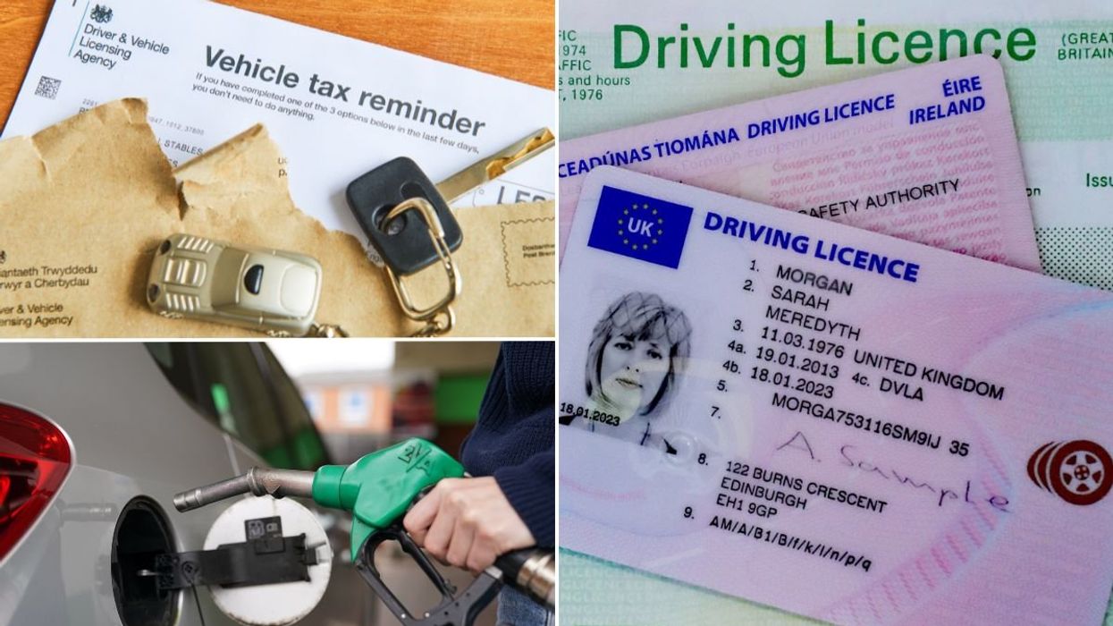 Vehicle tax reminder, driving licence application and a fuel pump