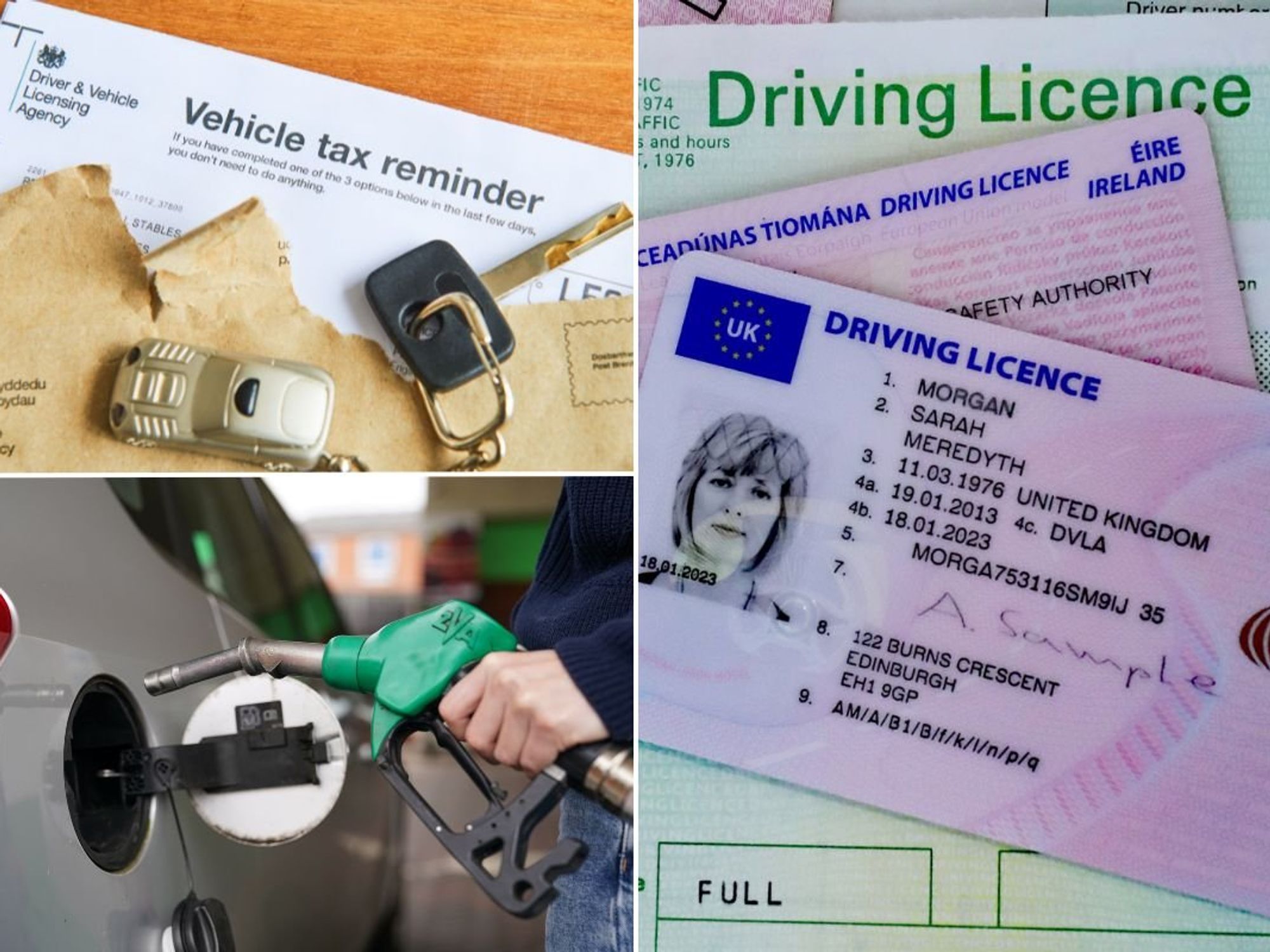 Vehicle tax reminder, driving licence application and a fuel pump