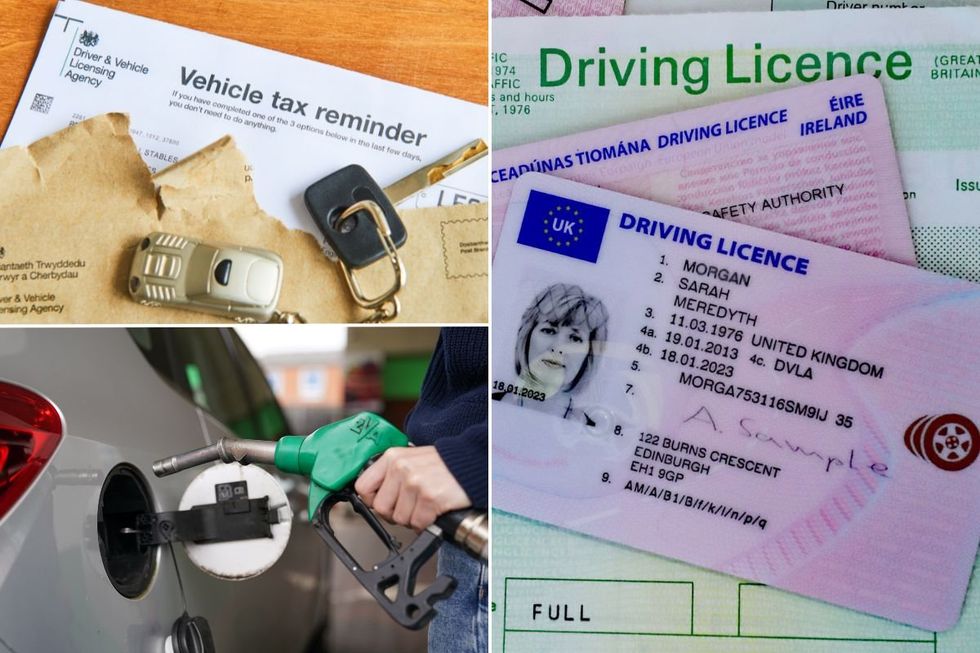Vehicle tax reminder, driving licence application and a fuel pump