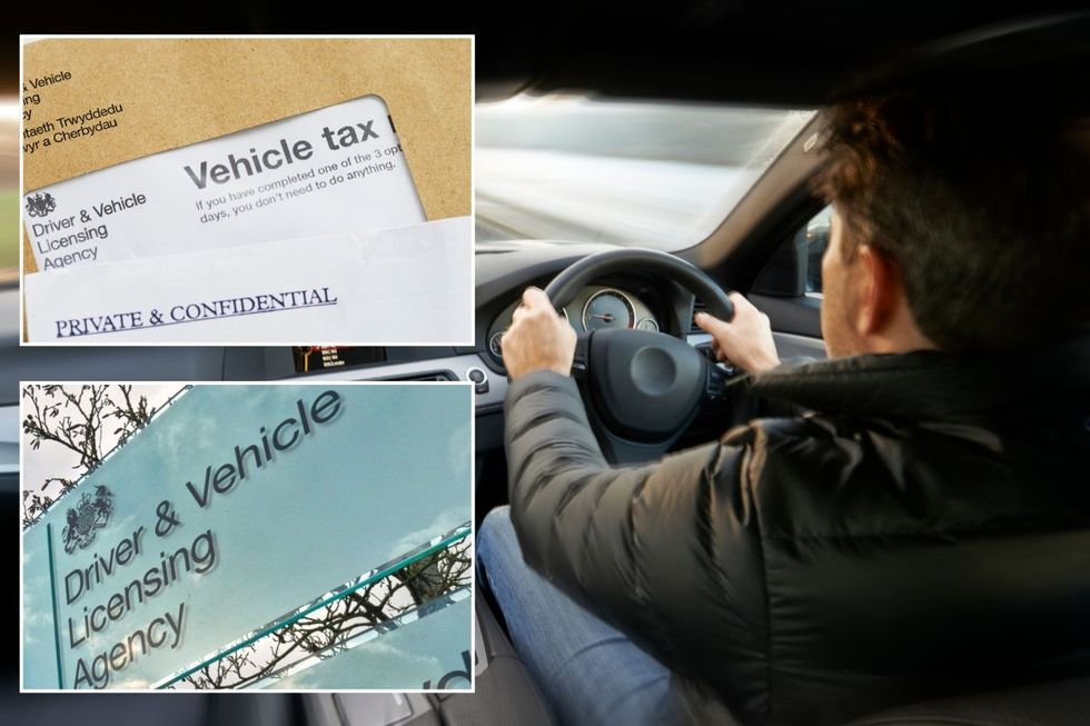 Vehicle tax reminder letter, a DVLA sign and a man driving