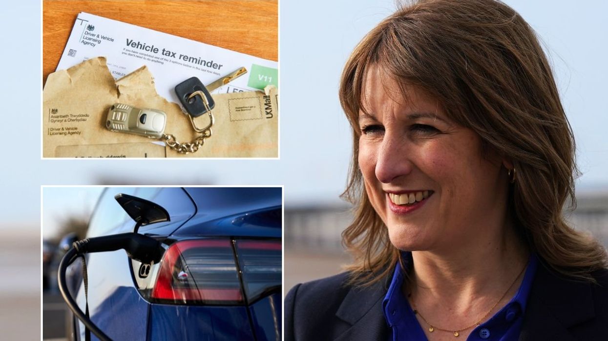 Vehicle tax reminder letter, an electric car charger and Chancellor Rachel Reeves
