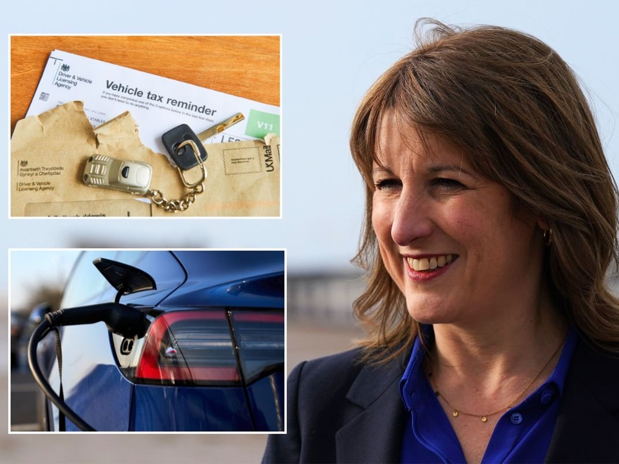 Vehicle tax reminder letter, an electric car charger and Chancellor Rachel Reeves