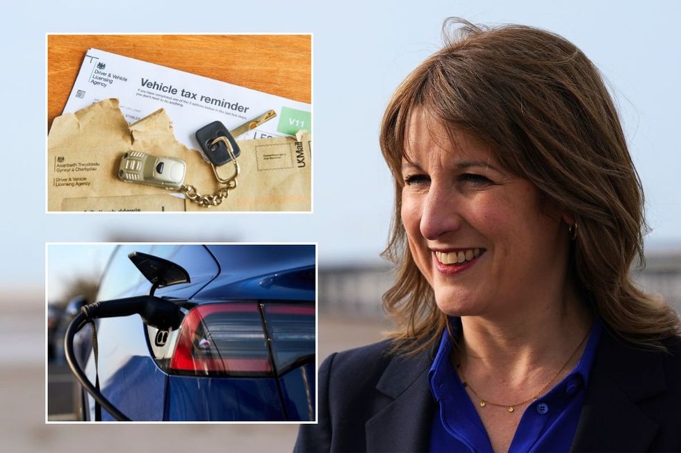 Vehicle tax reminder letter, an electric car charger and Chancellor Rachel Reeves