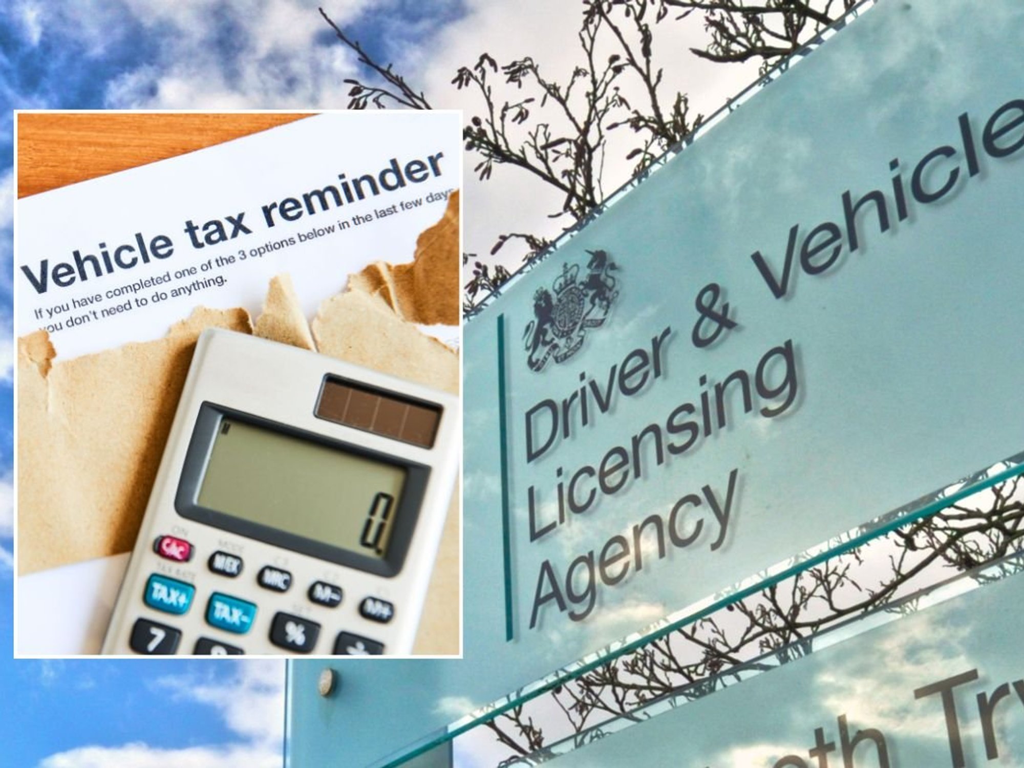 Vehicle tax reminder letter and a DVLA sign