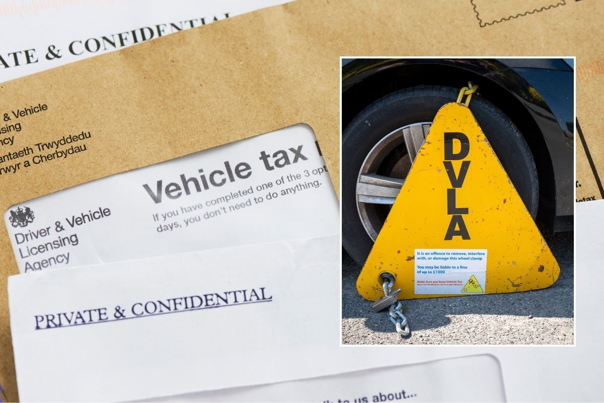 Vehicle tax reminder letter and a DVLA wheel clamp