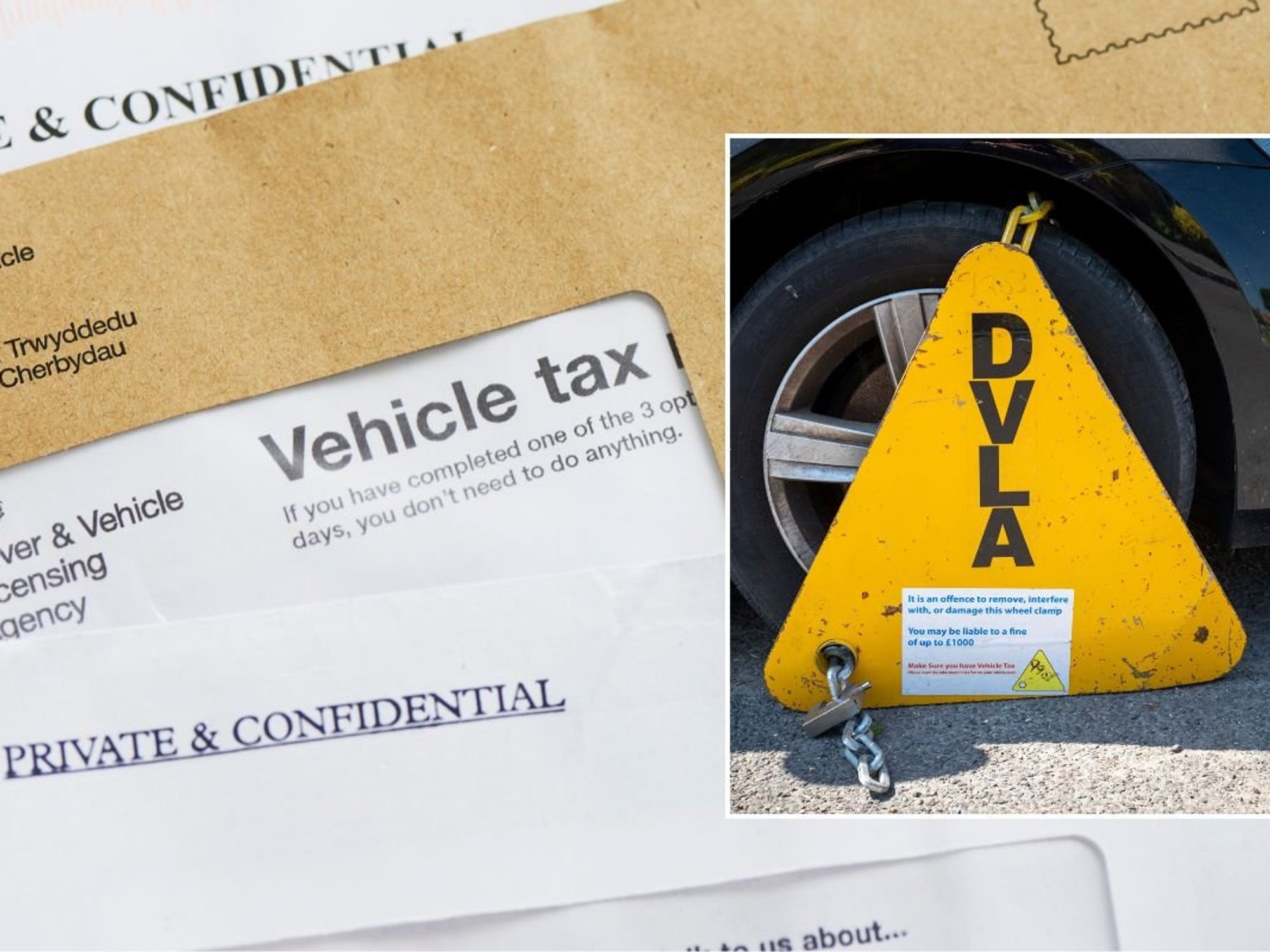 Vehicle tax reminder letter and a DVLA wheel clamp