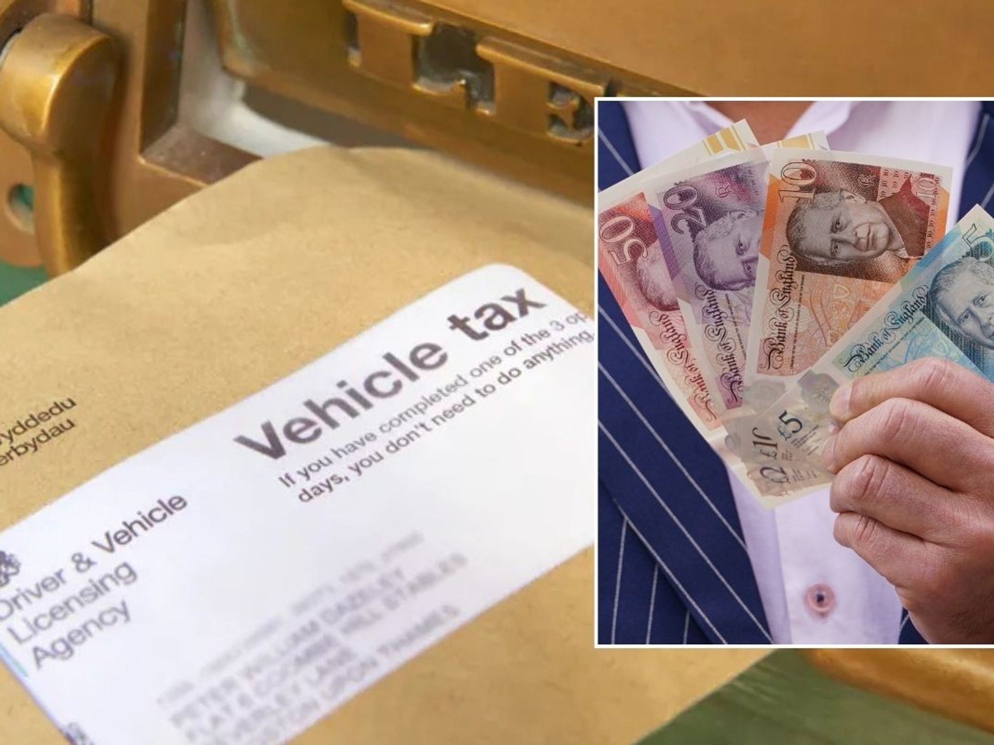 Vehicle tax reminder letter and a man holding UK cash