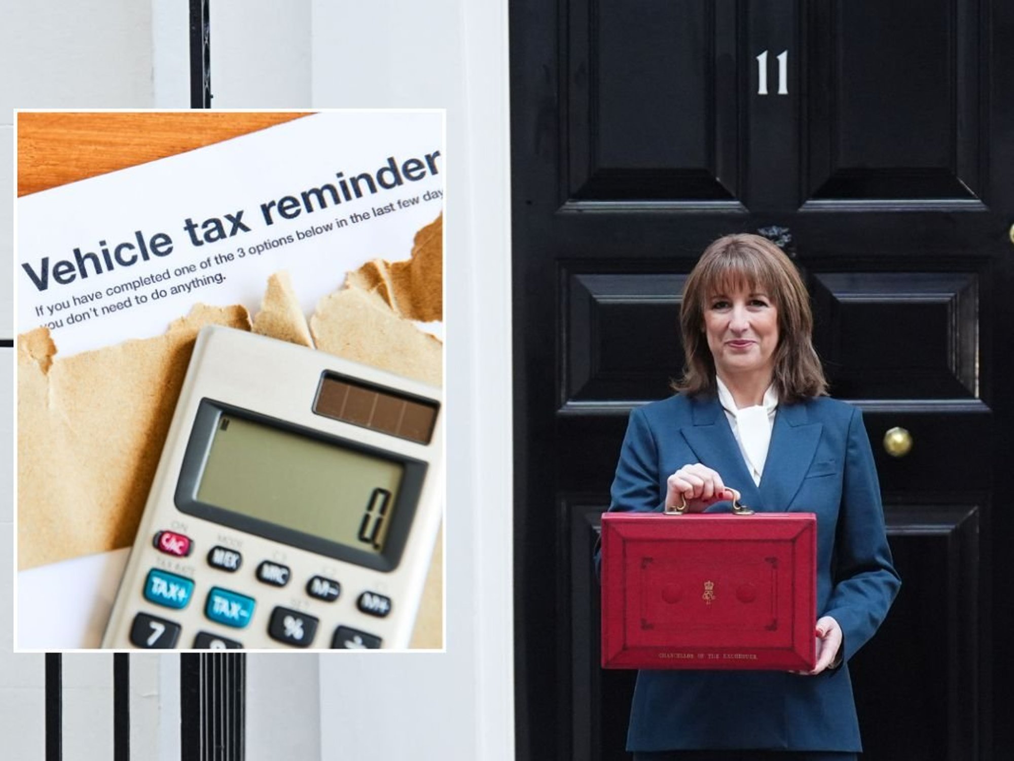 Vehicle tax reminder letter and Chancellor Rachel Reeves standing outside Number 11