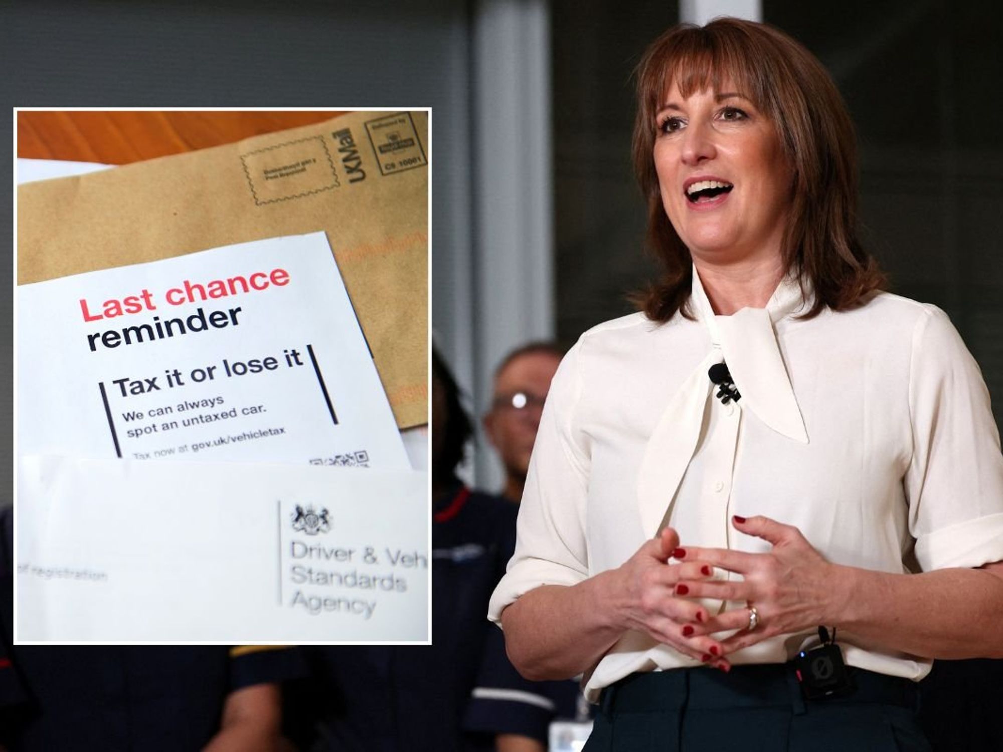 Vehicle tax reminder letter and Chancellor Rachel Reeves