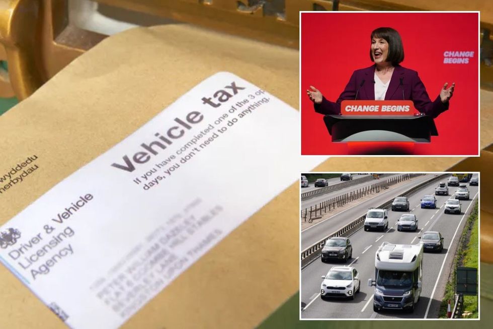 Vehicle tax reminder letter, Chancellor Rachel Reeves and a busy motorway