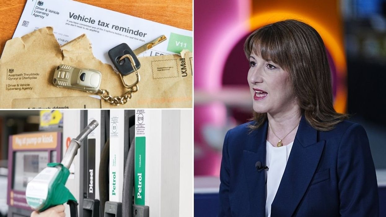 Vehicle tax reminder letter, fuel pump and Chancellor Rachel Reeves