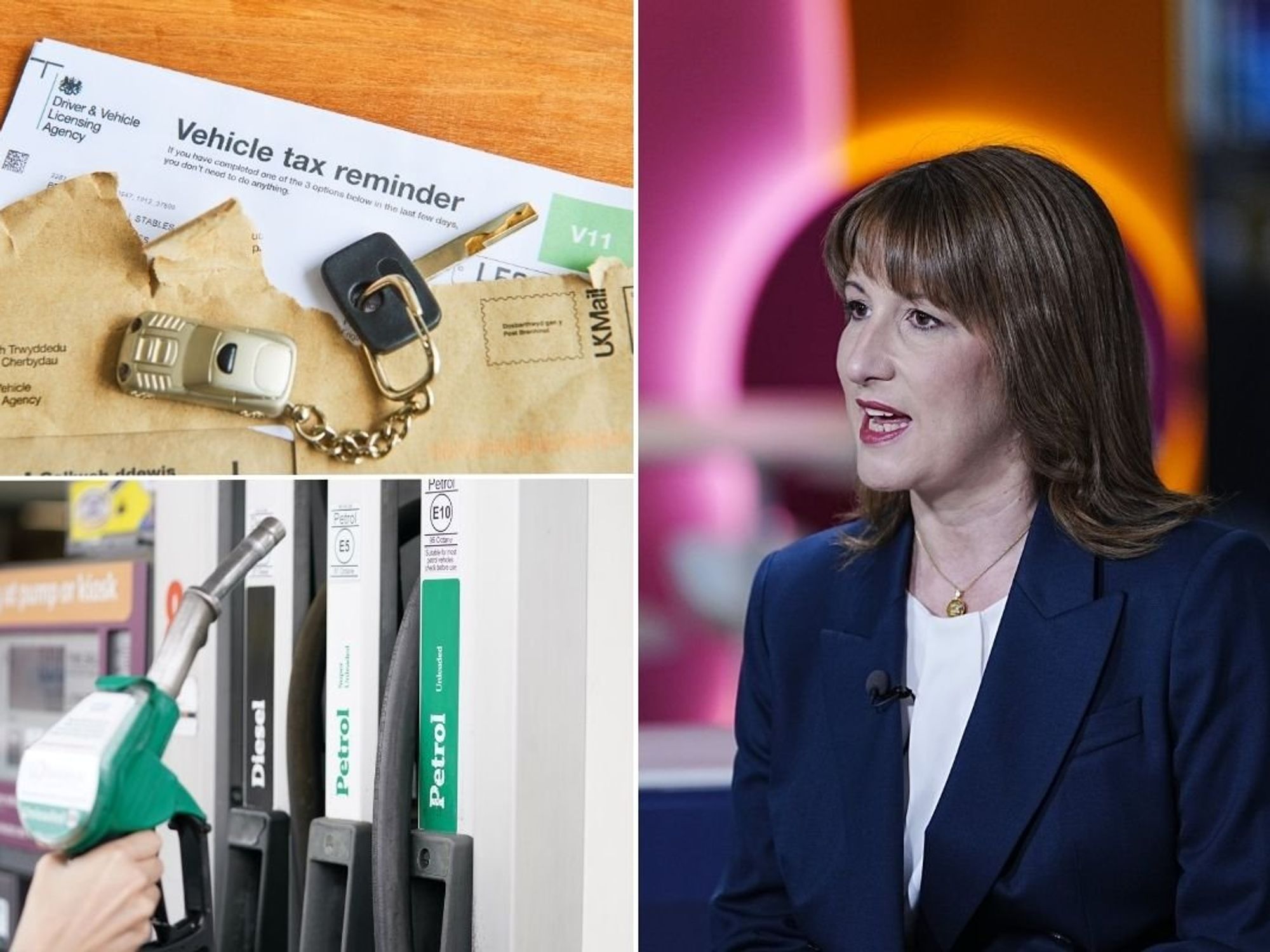 Vehicle tax reminder letter, fuel pump and Chancellor Rachel Reeves