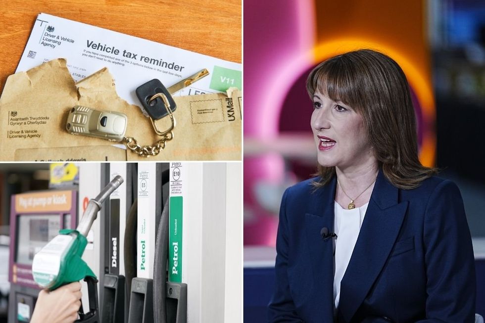Vehicle tax reminder letter, fuel pump and Chancellor Rachel Reeves