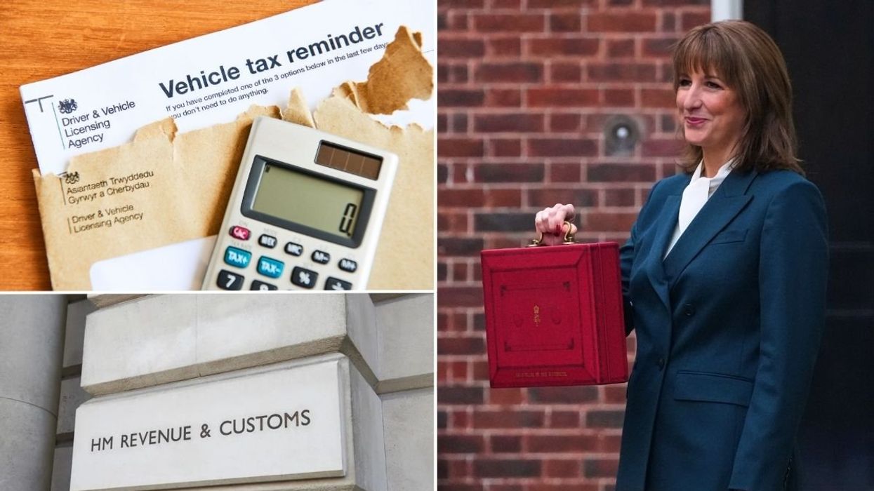 Vehicle tax reminder letter, HMRC sign and Chancellor Rachel Reeves