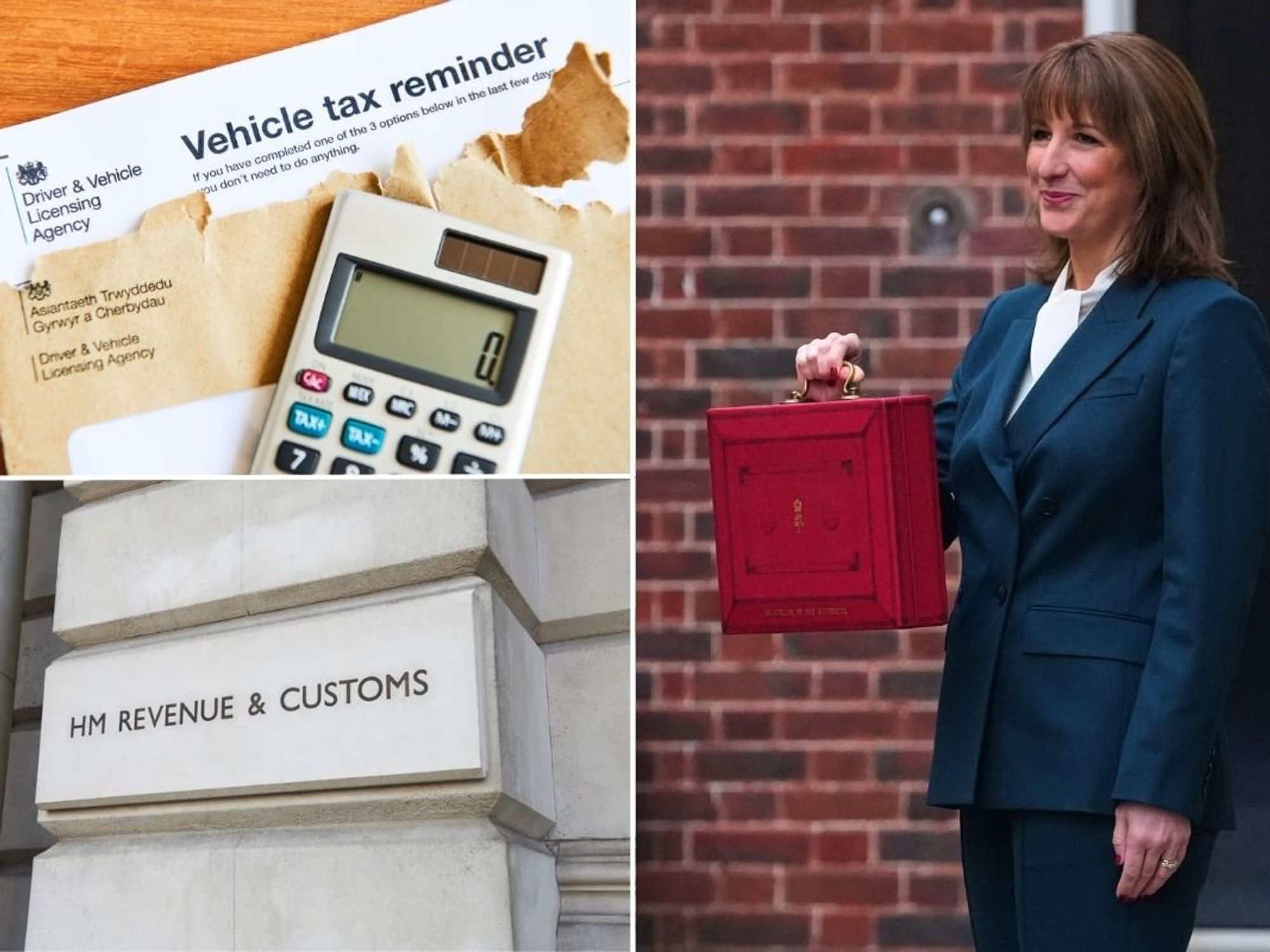 Vehicle tax reminder letter, HMRC sign and Chancellor Rachel Reeves