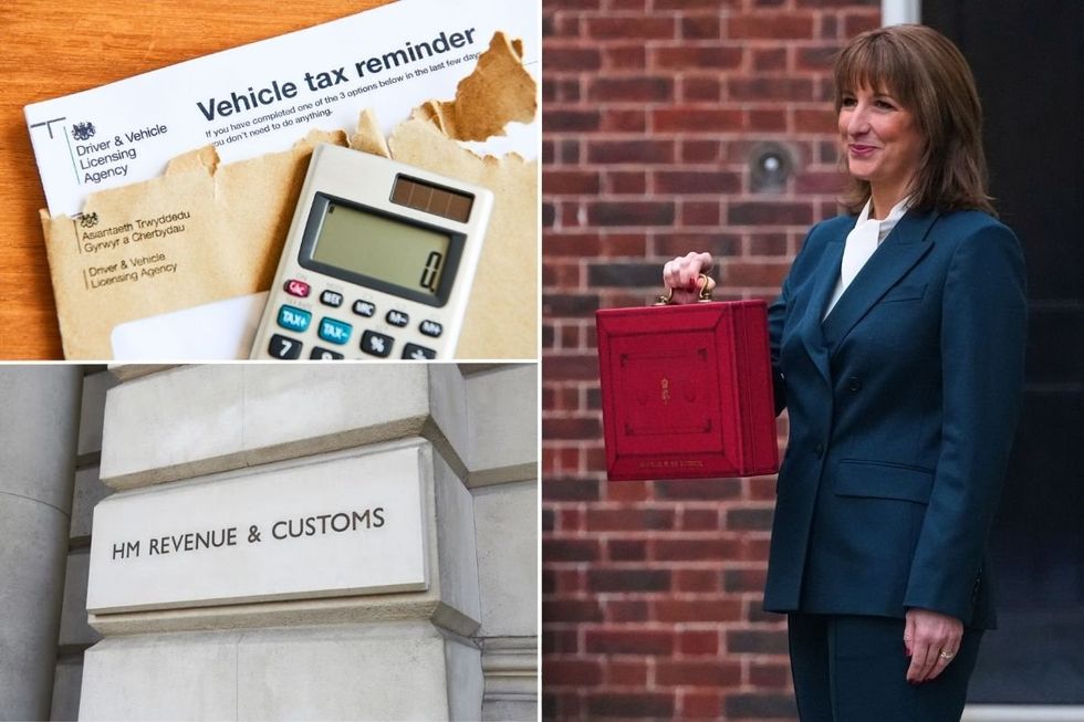 Vehicle tax reminder letter, HMRC sign and Chancellor Rachel Reeves