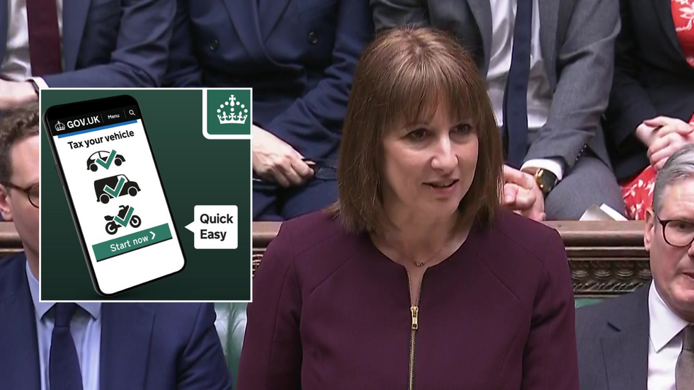 Vehicle tax sign and Rachel Reeves at Spring Statement