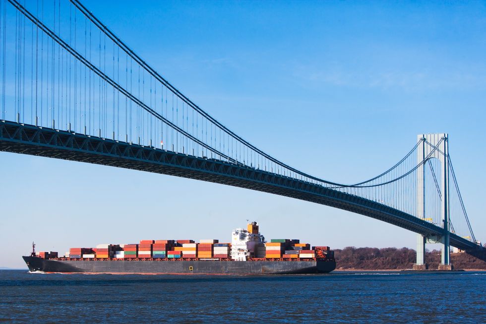 Verrazano Narrows bridge and container ship